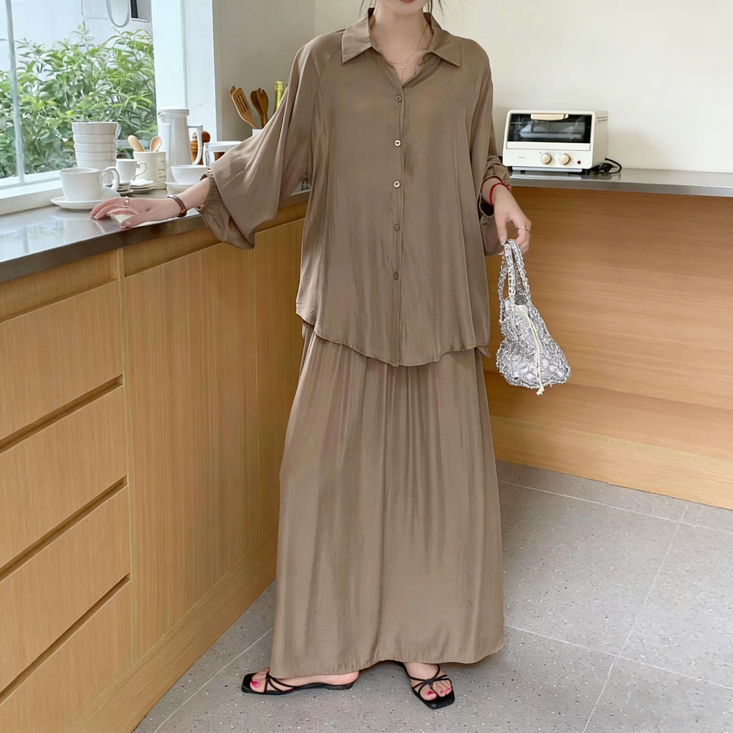 2点セット!【セットアップ】春新作 韓国風 大きいサイズ レディース ゆったりシルエット ウエストリボン シャツ+スカート 上下セット【JZシリーズ】