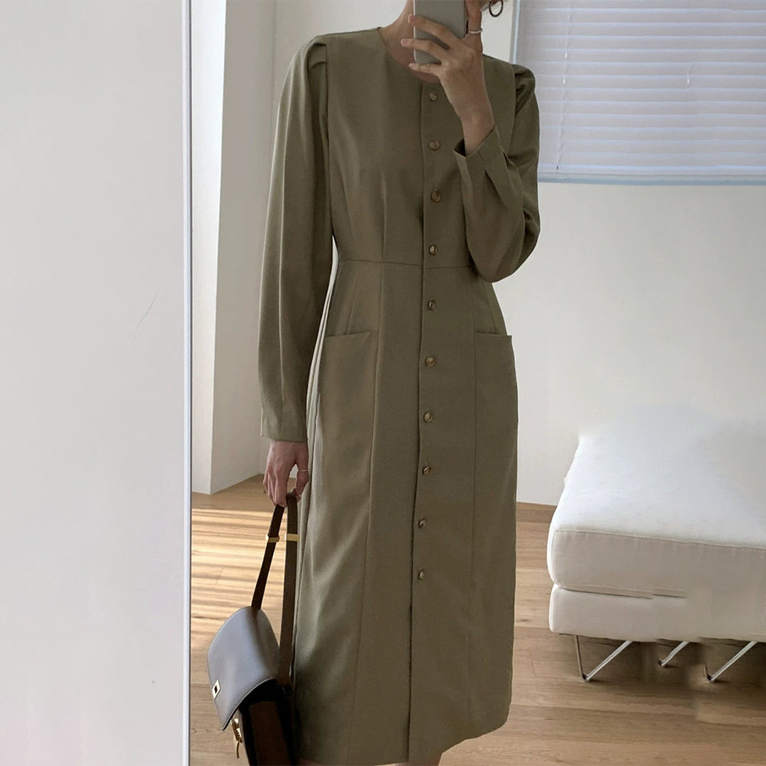 【ワンピース】春秋 韓国風 chic ラウンドネック 単列ボタン 長袖ワンピース
