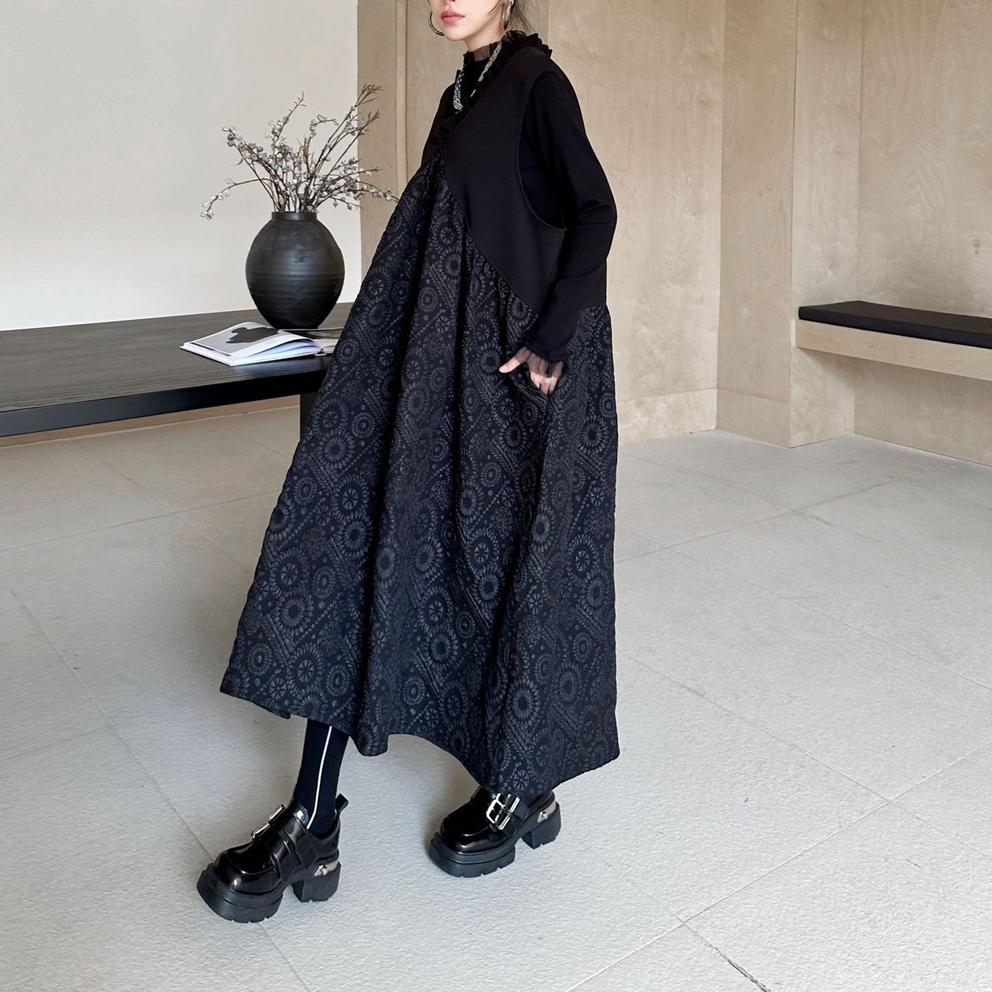 【ワンピース】春秋冬 ストリート Vネック 切り替えし 着痩せ ノースリーブワンピース【AHシリーズ】