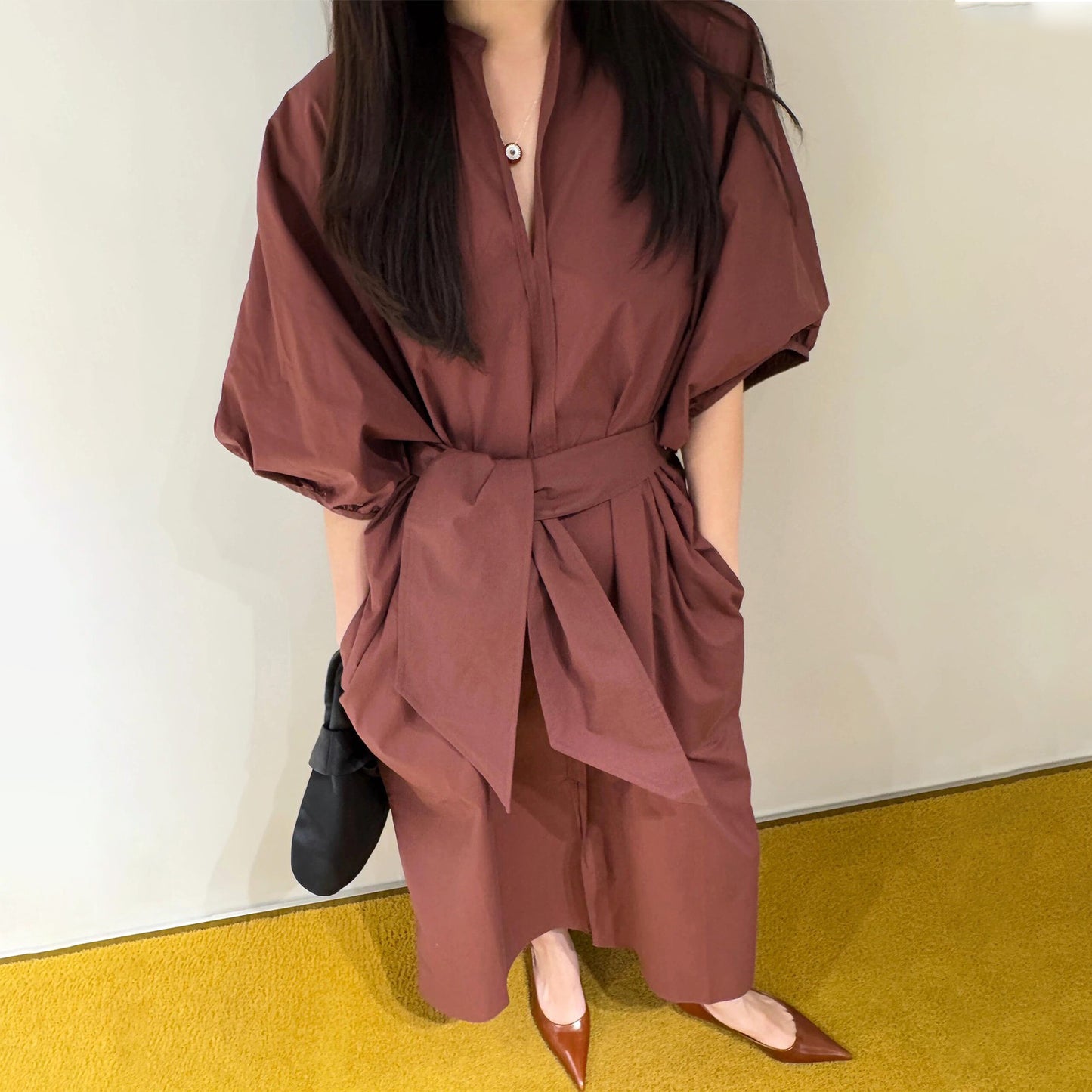 【ワンピース】フレンチレトロ リボンウエストマーク パフスリーブ シャツワンピース エレガント Vネック 半袖ワンピース【JZシリーズ】