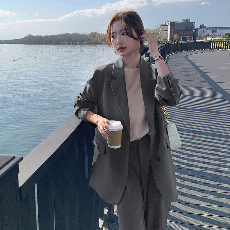 2点セット!【セットアップ】韓国風スーツセットアップ ジャケット+ハイウエストワイドパンツ 上下セット【JZシリーズ】【SNシリーズ】