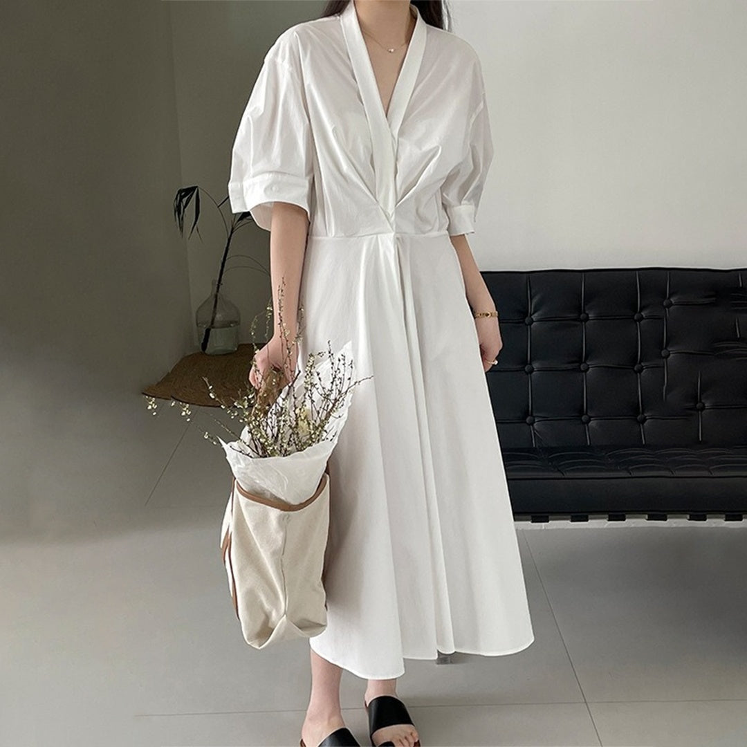 【ワンピース】春秋 ヘプバーン風 Vネックシンプル 気質よい 半袖ワンピース【JZシリーズ】