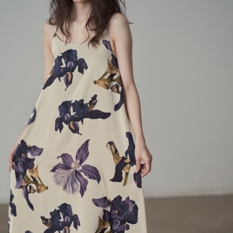 【ワンピース】夏 レトロ サテン 花柄 ゆったり 着痩せ ノースリーブワンピース【SHシリーズ】
