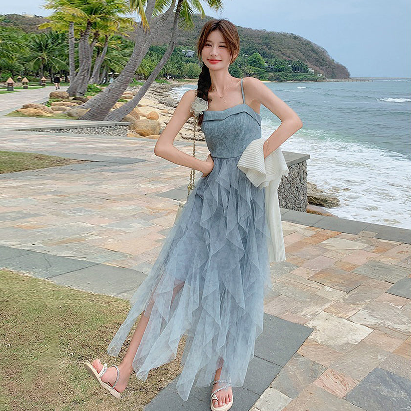 網紗吊帶連身裙+開衫套裝|兩件套女|分層蛋糕裙設計 溫柔度假風穿搭【SH系列】