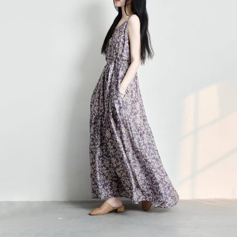 【ワンピース】花柄リネンワンピース レディース 夏 キャミワンピース ボヘミアン風 ノースリーブ ロング丈 リゾート【SHシリーズ】