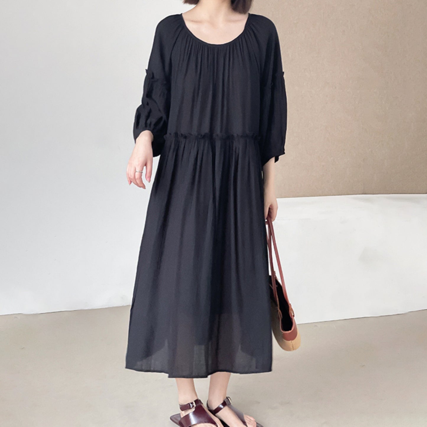 【ワンピース】春秋夏 涼しくて肌触りが良く ドレープ感 ゆったり 半袖ワンピース