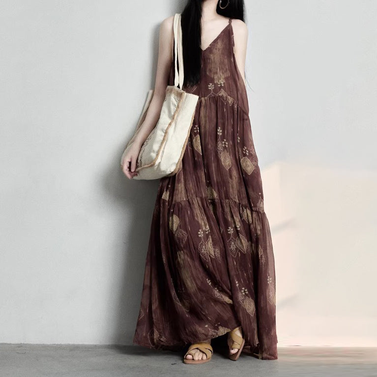 【ワンピース】ボヘミアン風 花柄 キャミソールワンピース レディース 2026夏 ノースリーブ ロングワンピース ブラウンレッド ゆったり リゾート【SHシリーズ】