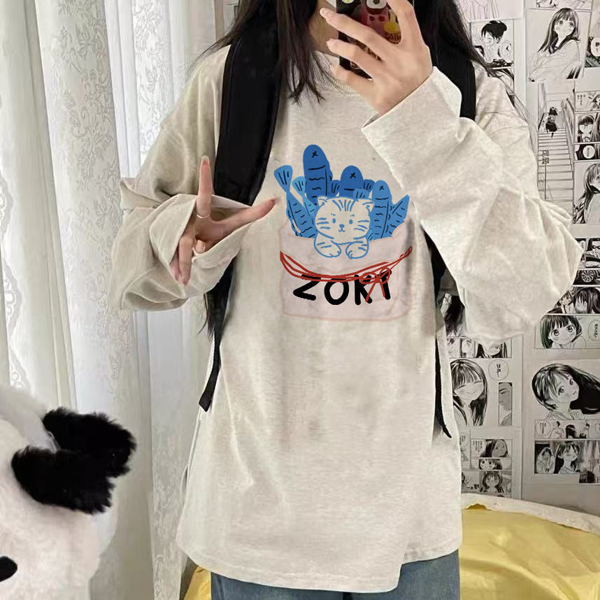 【トップス】猫柄 アメリカンレトロ 長袖Tシャツ レディース 春トレンド ゆるシルエット 高見え デザインカットソー 人気トップス【FCシリーズ】