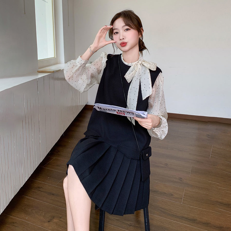 【セットアップ】レトロ レディース 新作 ドット柄シャツ+ベストワンピース 2点セット【JZシリーズ】