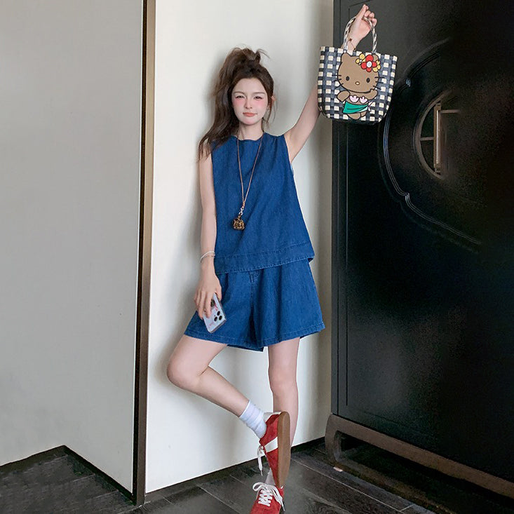 2点セット!【セットアップ】テンセルデニム背中開きトップス+ショートパンツ 上下セット レディース 夏 韓国風 OOTD【JZシリーズ】