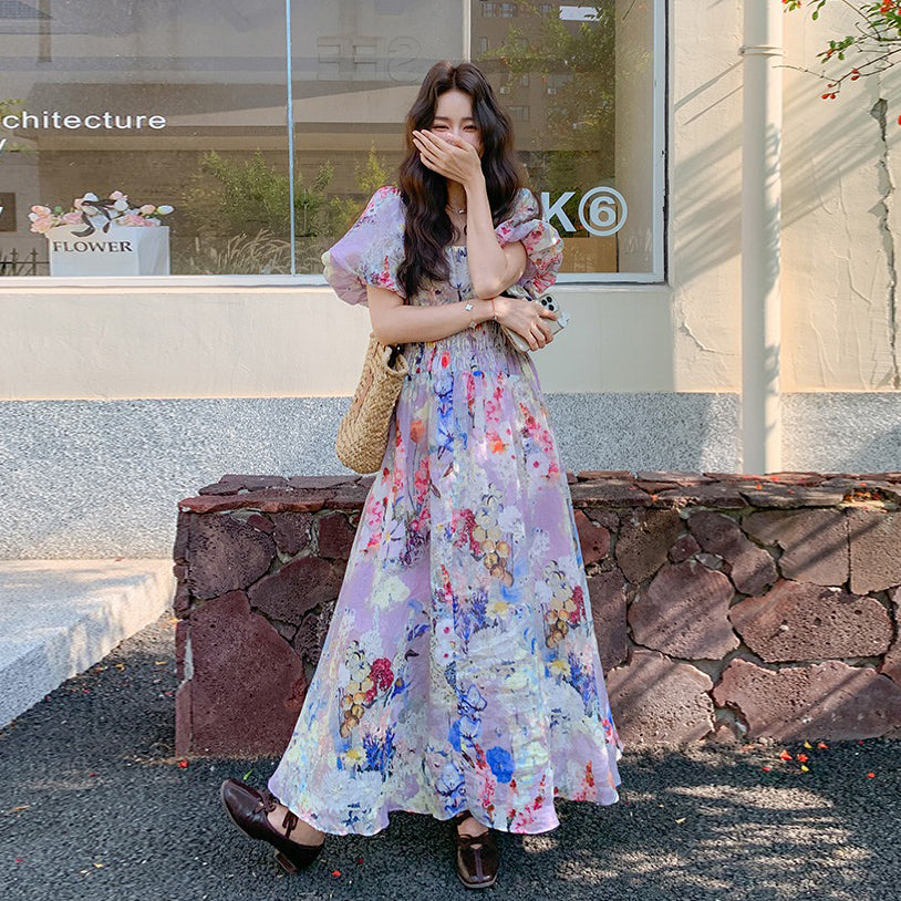 【ワンピース】夏 ドーパミン フラワー 油絵プリント 半袖ワンピース【SHシリーズ】