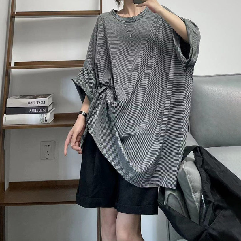 【トップス】ゆったり ソフト 夏 ストライプ 大きいサイズ 半袖 Tシャツ