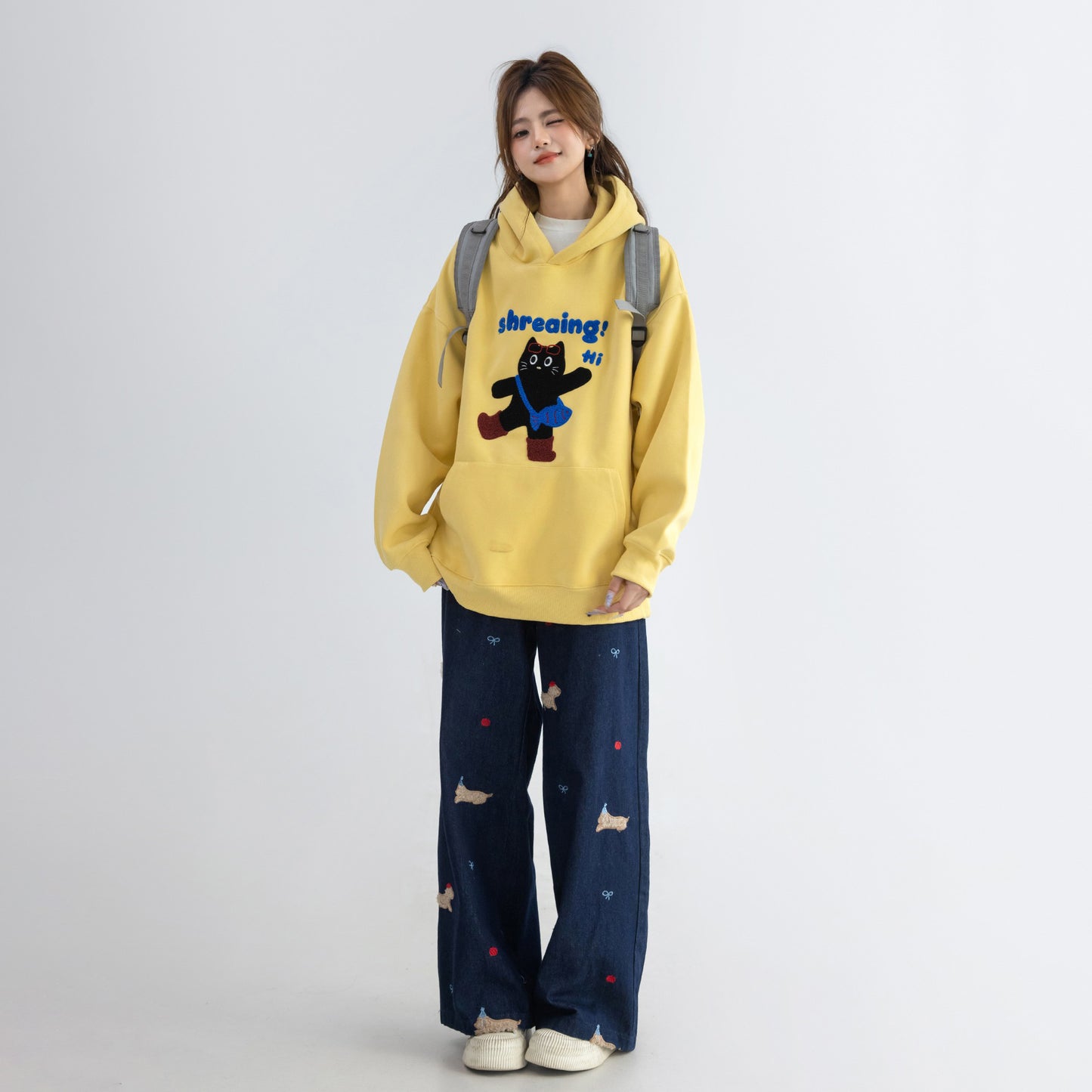 【トップス】可愛い猫 タオル刺繍 フード付き ねこ柄 スウェット レディース ゆったり 長袖 パーカー【FCシリーズ】