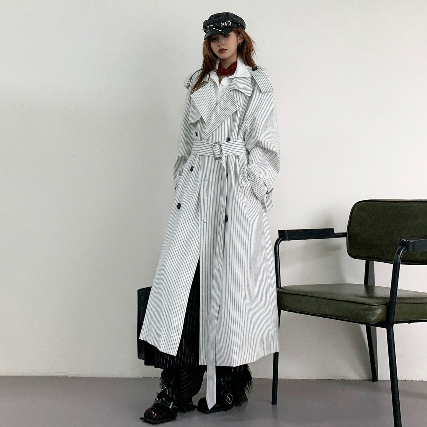 【アウター】韓国風 ストライプ ダブルボタン ベルト付き ロングトレンチコート【FCシリーズ】【10~15日内発送】