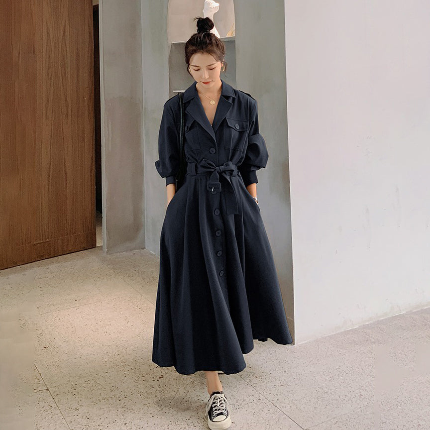 全4色【ワンピース】フレンチ 春秋 気質エレガント トレンチ風 大フレアロング 長袖ワンピース【JZシリーズ】