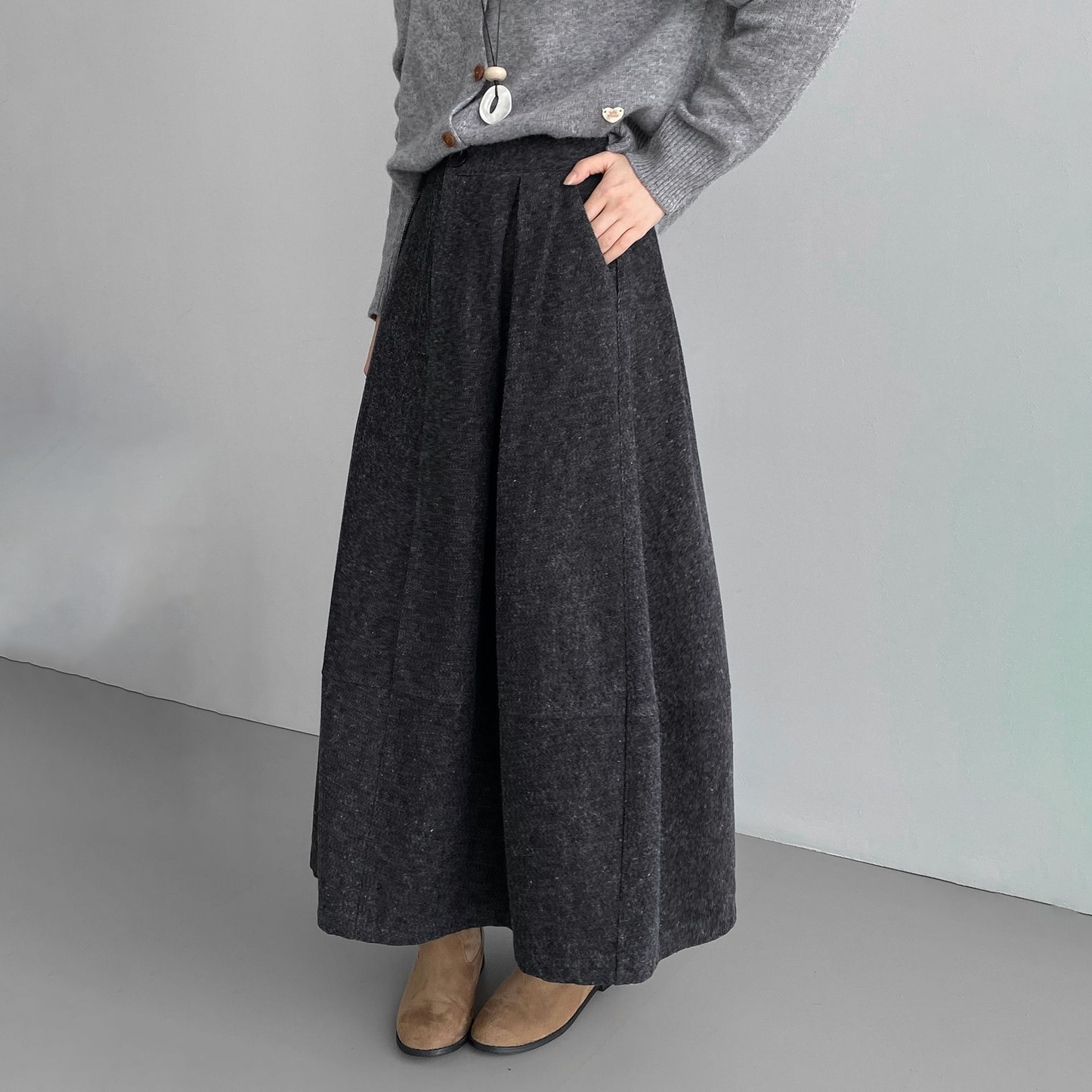 【ボトムス】ウール風 バルーンスカート 気質Aライン プリーツ入り【JZシリーズ】