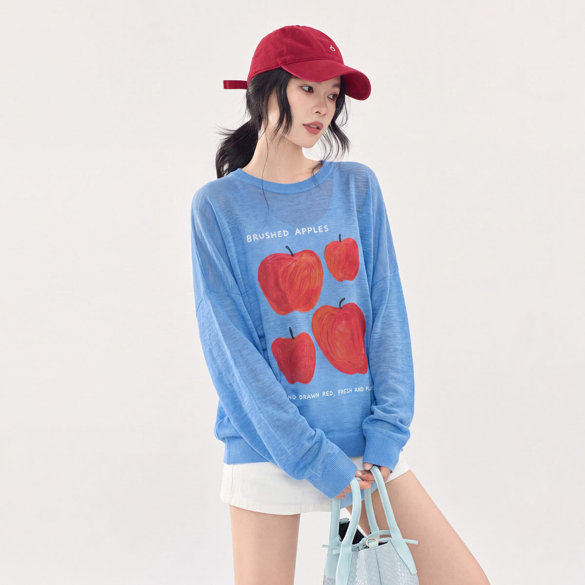 【トップス】🍎ブルーアップル柄ニットトップス レディース 秋新作 長袖 薄手 ゆったり 韓国風 Tシャツ【FCシリーズ】