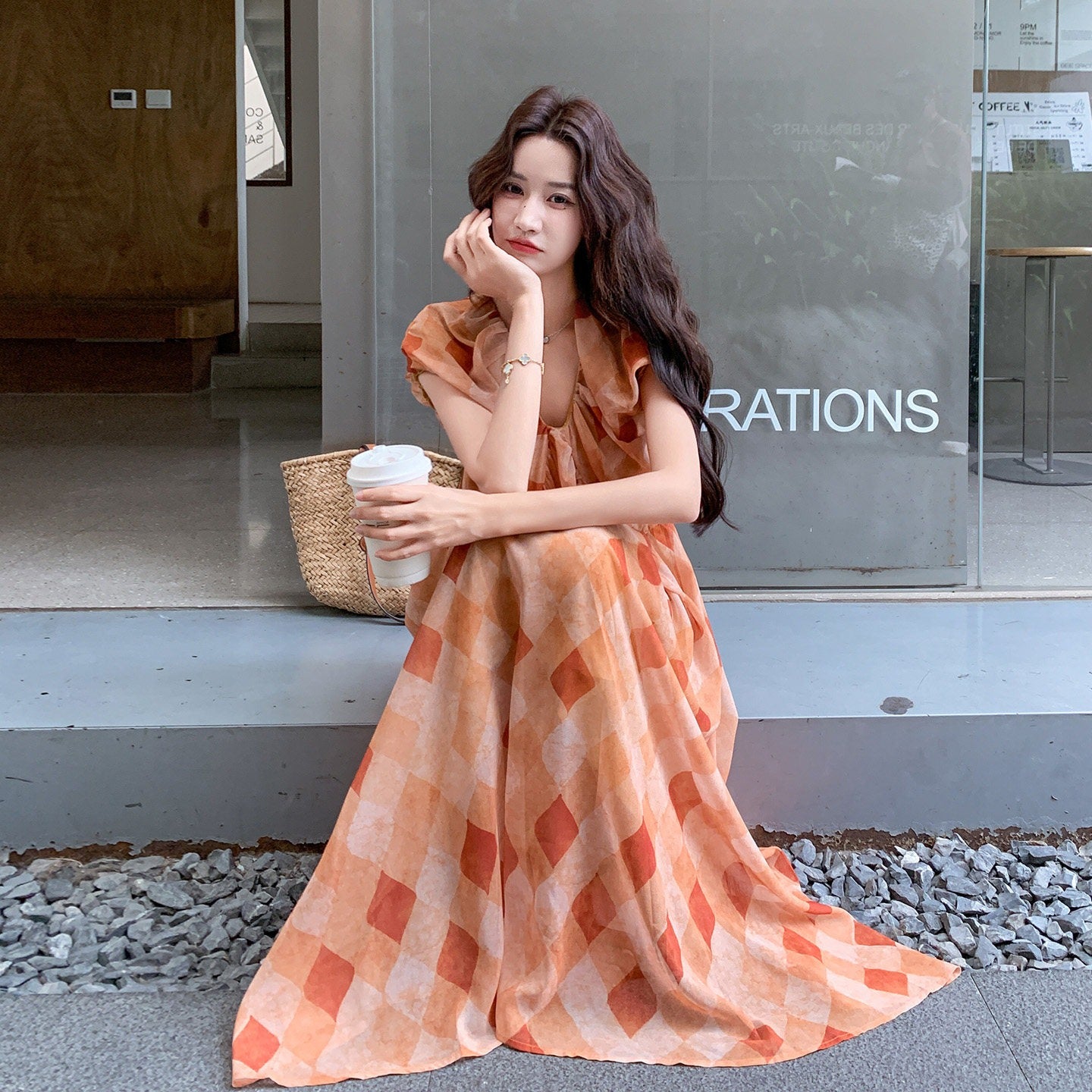 【ワンピース】ワンピース 夏 Vネック 半袖 ダイヤ柄プリント ロング丈 フレンチスタイル リゾート バカンス ゆったり 着痩せ 上品【SHシリーズ】
