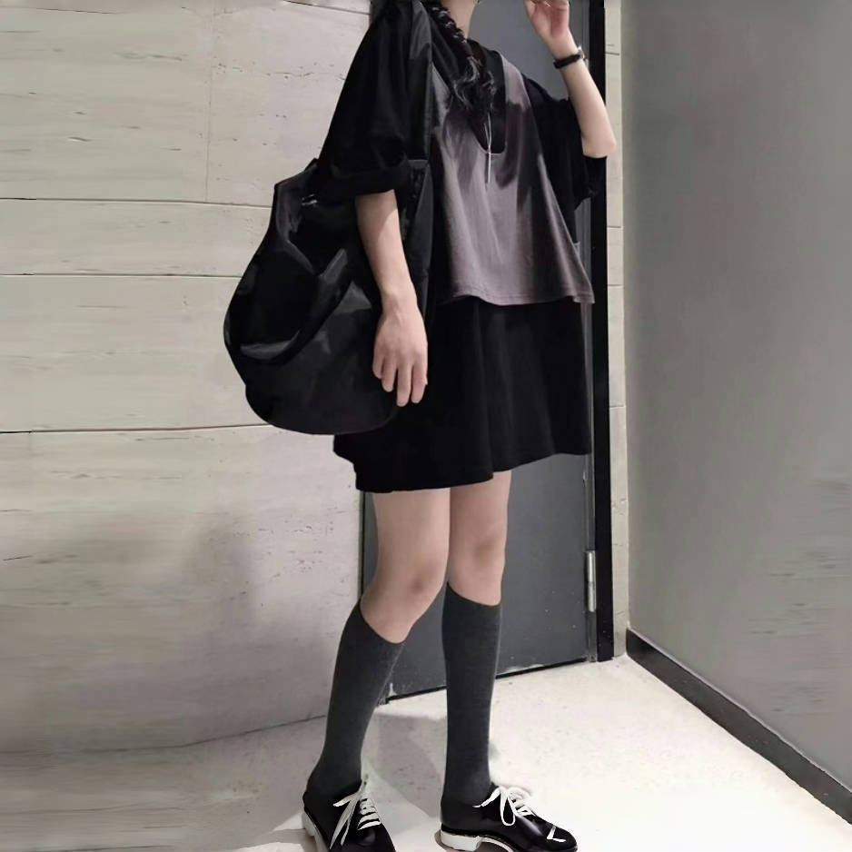 【トップス】 夏 フェイクツーピース 大きめ 体型カバー 半袖 Tシャツ