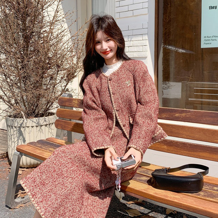 【セットアップ】ウール調 ジャケット&スカート 上下セット レディース 秋冬 OOTD 上品 大人可愛い【JZシリーズ】