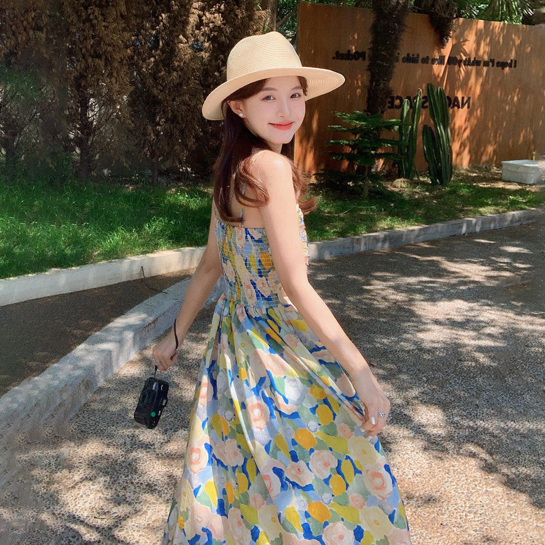 【ワンピース】フレンチ風 油絵プリント キャミワンピース レディース 夏 ヴィンテージ風 花柄 ノースリーブ ロング丈 大人可愛い【SHシリーズ】