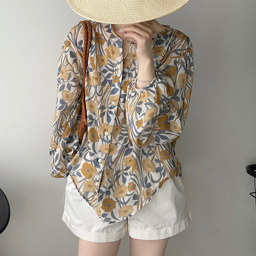 【トップス】春秋 Vネック 花柄 日焼け止め 長袖 レトロ シャツ【JZシリーズ】