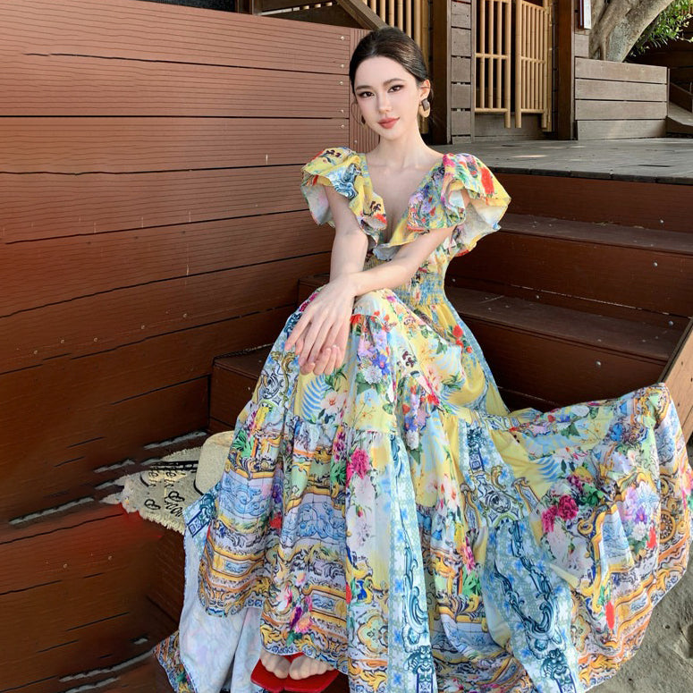 【ワンピース】リゾート風 アートプリントワンピース レディース 夏 Vネック ロング丈 ビーチワンピース ゆったり ノースリーブ シルエット【SHシリーズ】