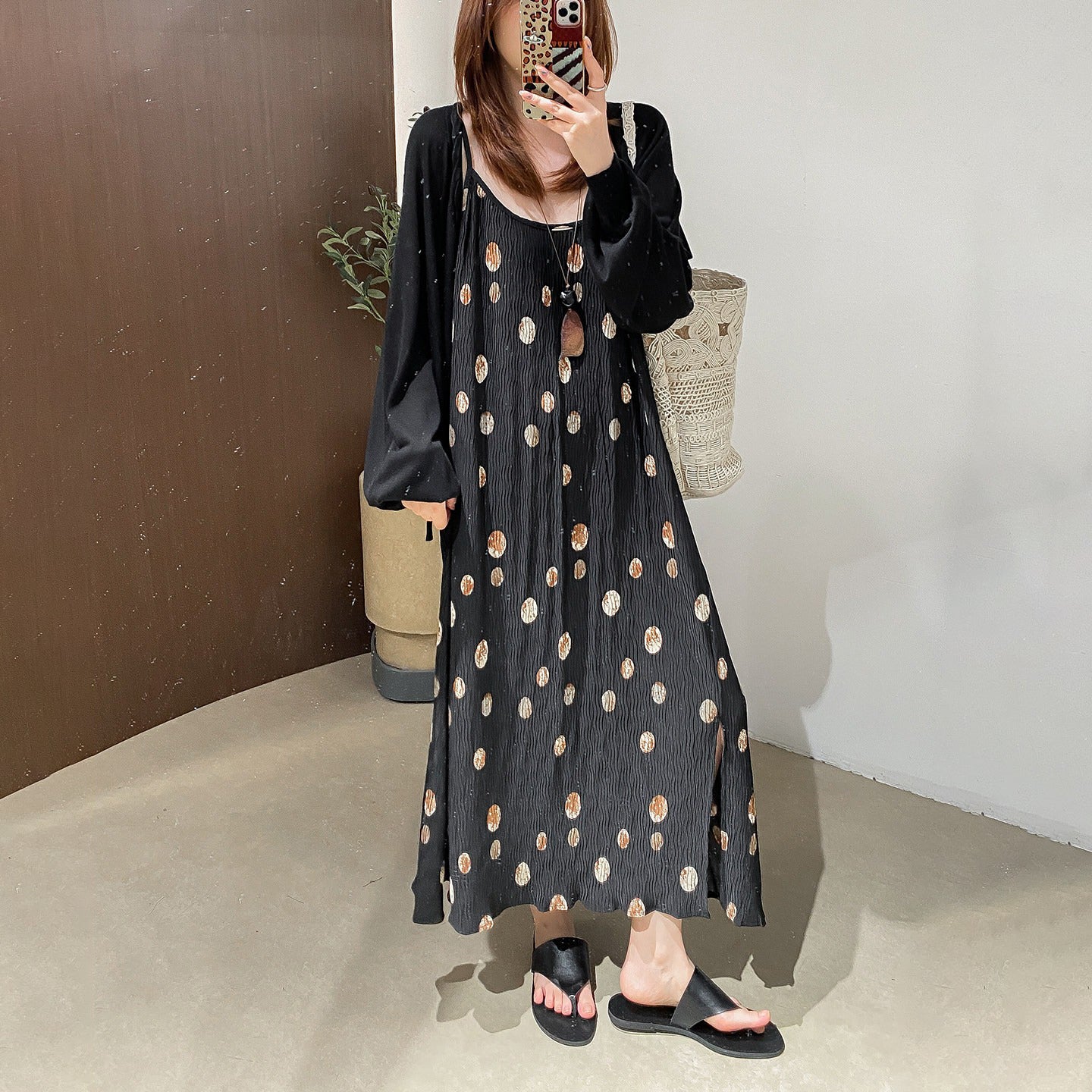 【ワンピース】調節可能キャミソール プリーツ ドット柄 ゆったり ノースリーブ キャミワンピース ロング丈 夏新作【JZシリーズ】