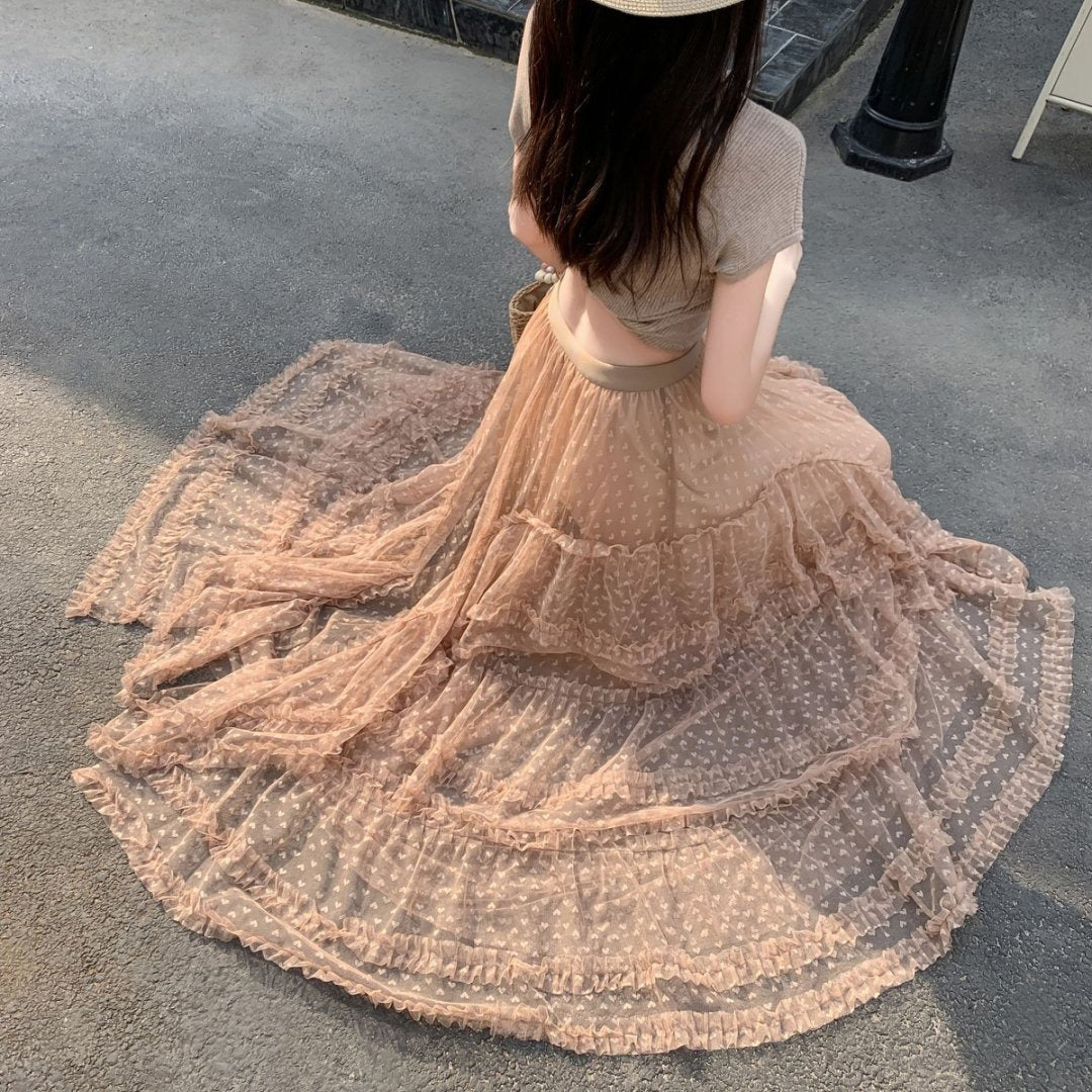 【ボトムス】チュールスカート ハート柄 フレアロング ふんわり大ボリューム 体型カバー 大きめサイズ ケーキスカート【JZシリーズ】