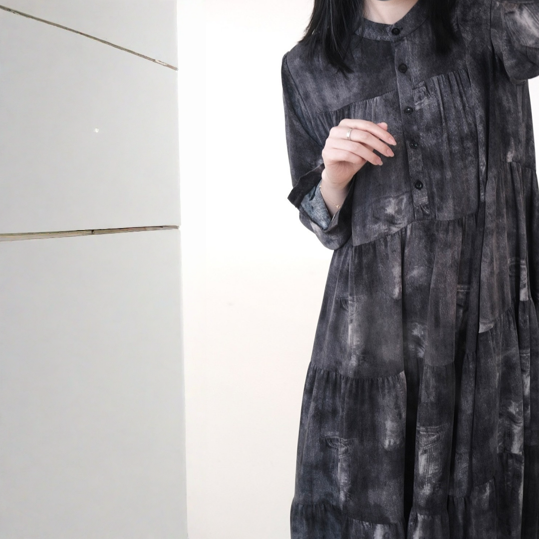 【ワンピース】タイダイ 体型カバー ダーク系 シワになりにくい 長袖 ワンピース 【AHシリーズ】