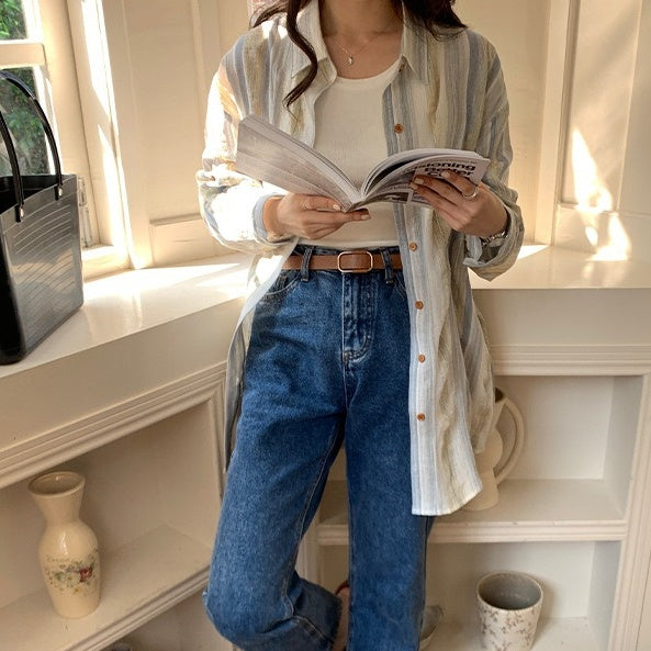 【トップス】春秋 韓国風 配色 しま模様 シャツ 【SNシリーズ】