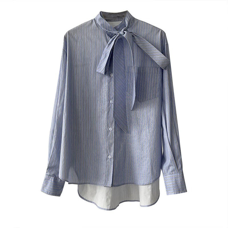 【トップス】春秋冬 ストライプ柄 ブルー ゆるリラックス エレガント シャツ·ブラウス 【SNシリーズ】