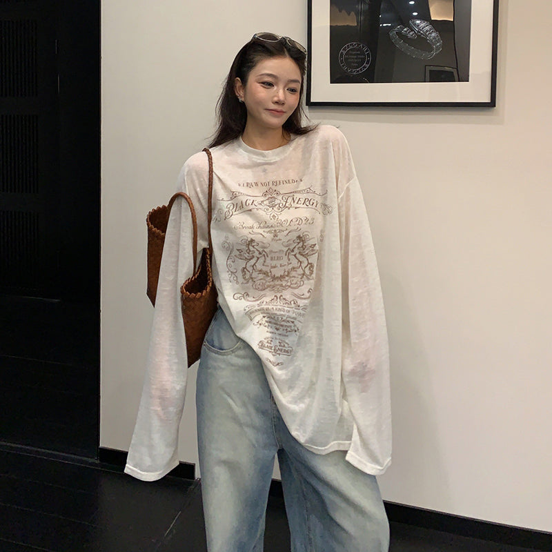 【トップス】韓国風 プリントロンT レディース 春夏 オーバーサイズ 長袖Tシャツ ナチュラルコーデ【FCシリーズ】