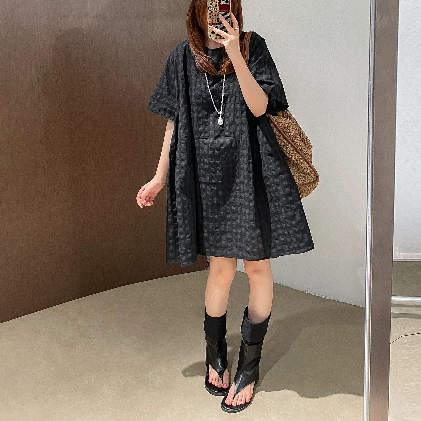 【ワンピース】チェック柄 ドッキングデザイン コクーンシルエット 半袖 ゆったり ヴィンテージ風 ワンピース【JZシリーズ】