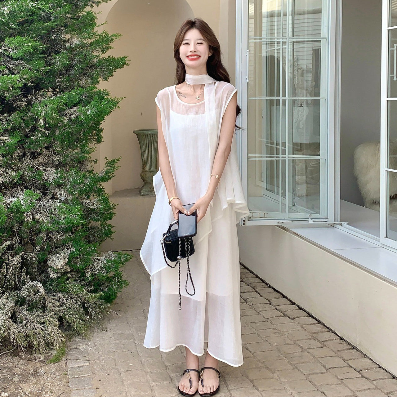 【セットアップ】韓国風 レディース ワンピースセット ノースリーブワンピース ブラウス ロング丈 大人可愛い 上品コーデ【JZシリーズ】