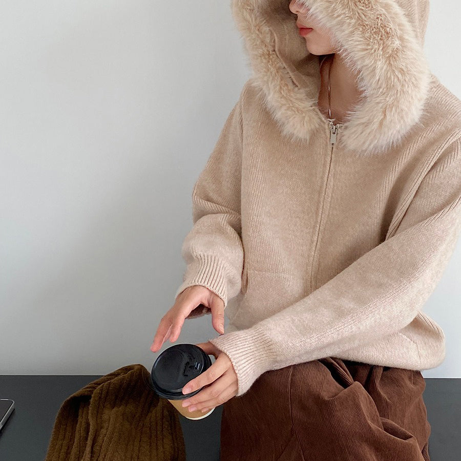 【アウター】取り外し可能ファー付き フードジップニットアウター 冬 韓国風 カジュアル ゆったりカーディガン【JZシリーズ】