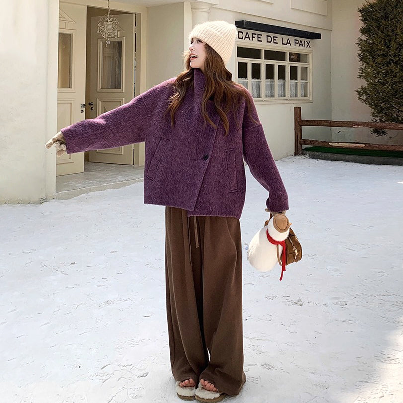 【アウター】💜トレンド感満載!ラベンダーカラーのコート!上品な雰囲気 ウールコート レディース 秋冬 韓国風 レトロ おしゃれ ショートジャケット【JZシリーズ】