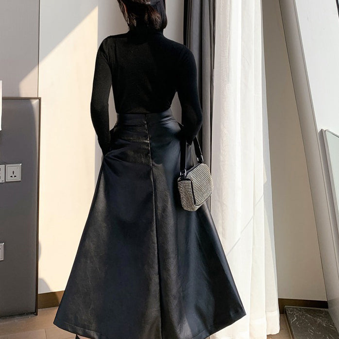 【ボトムス】ハイウエスト 着痩せ 秋冬ヒップカバー Aライン レザー スカート【AHシリーズ】
