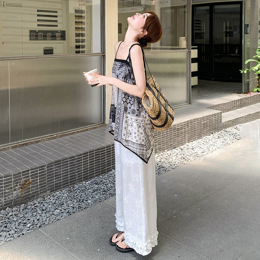 2点セット!【セットアップ】デザイン性抜群!エスニック風 花柄キャミ+刺繍ワイドパンツ上下セット 小洒落感たっぷり【SHシリーズ】