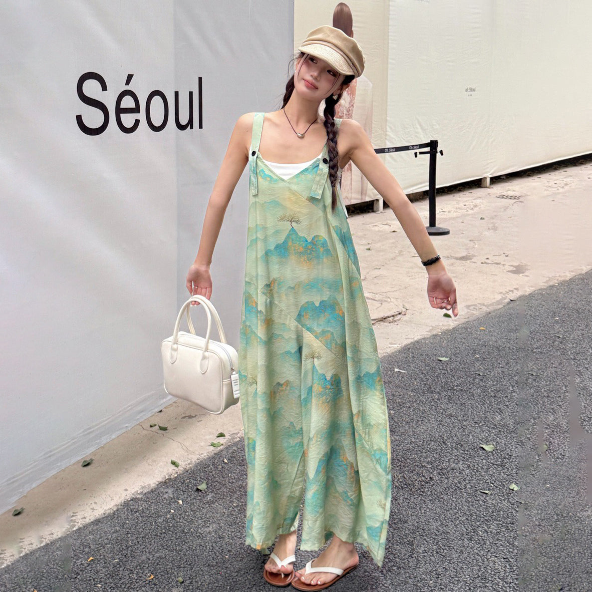 【ボトムス】新中華風 夏新作 レトロ山水画プリント キャミソールワイドパンツ ゆったりオールインワン【SHシリーズ】