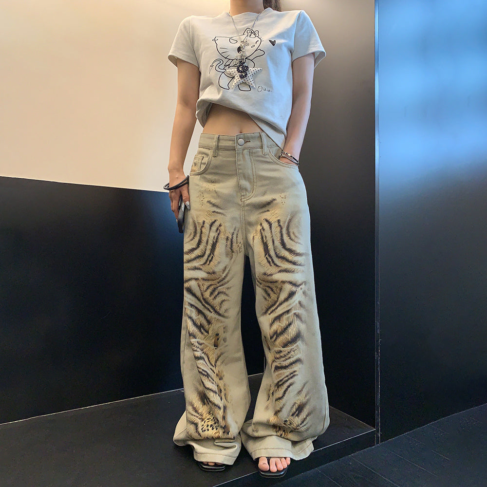 【ボトムス】デニムパンツ レディース レオパード柄 ワイドパンツ ヴィンテージ風 カジュアル モード【FCシリーズ】