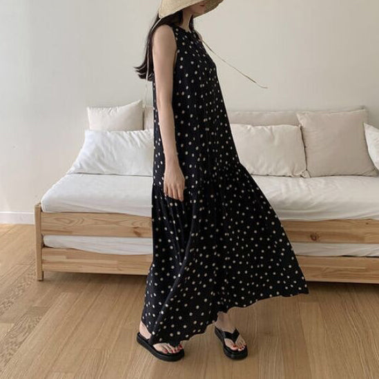 【ワンピース】夏 エレガント ゆったり 海辺の休暇 水玉ノースリーブワンピース