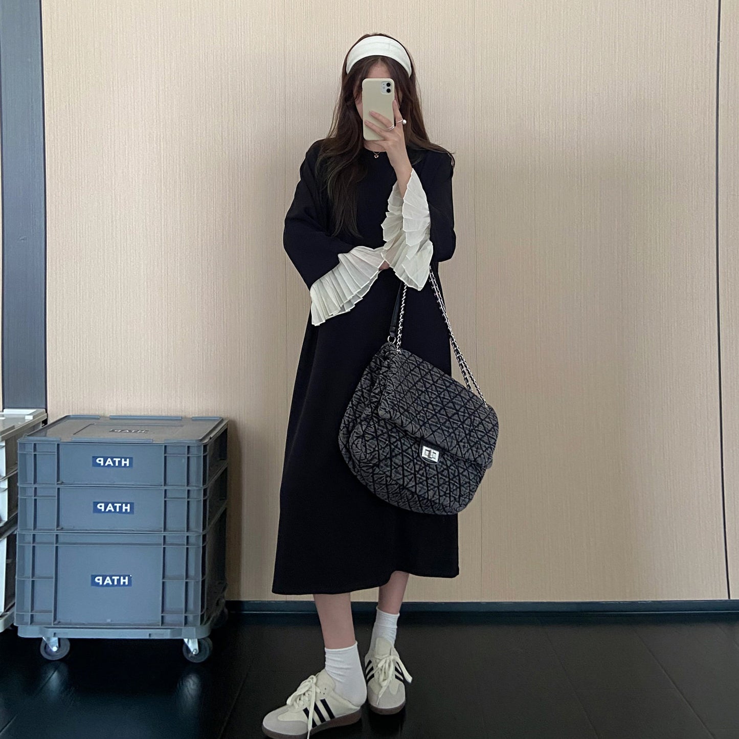 【ワンピース】配色切替長袖ワンピース レディース 秋新作 ゆったり 体型カバー 着痩せ見え ロング丈【JZシリーズ】