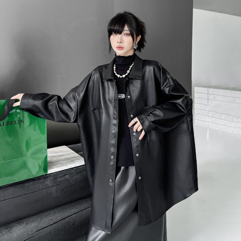 【アウター】個性派デザイン レディース PUレザージャケット ゆったりシルエット ミドル丈 秋コーデ【AHシリーズ】