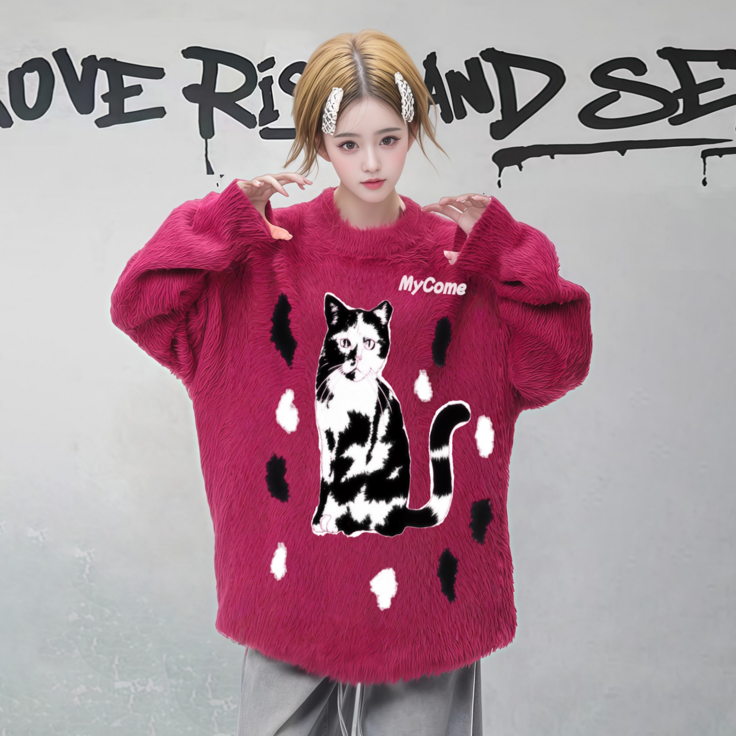 【トップス】猫モチーフ ふわふわ モヘア風 ニットセーター レディース ゆったり ふわもこ ニット・セーター【FCシリーズ】