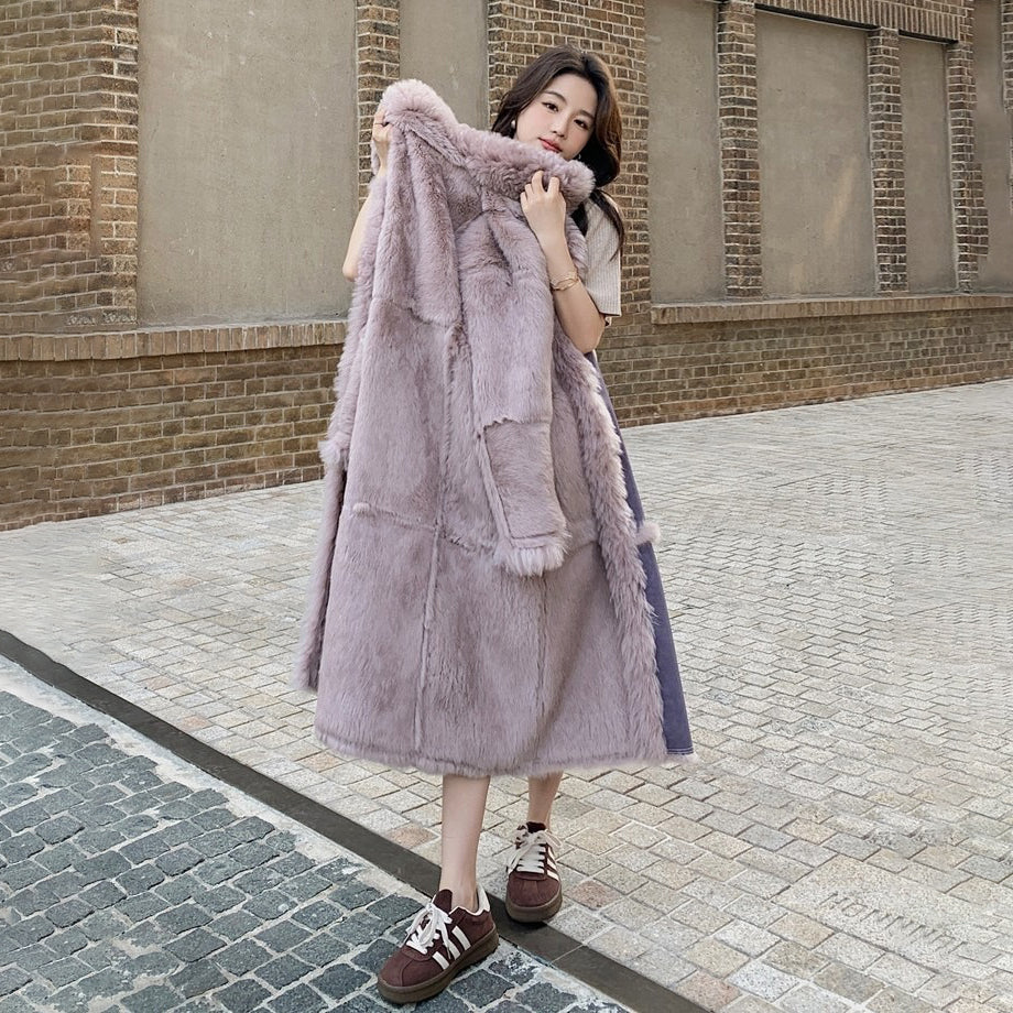 【アウター】フェイクファー シープボアコート 冬用 裏起毛 ムートンデザイン ロング 綿入れコート【JZシリーズ】