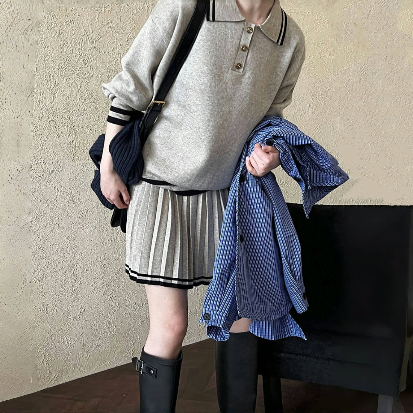 【セットアップ】人気沸騰 学園風 春秋冬 ポロ襟パーカー+ハイウエストプリーツスカート 上下セット【SNシリーズ】