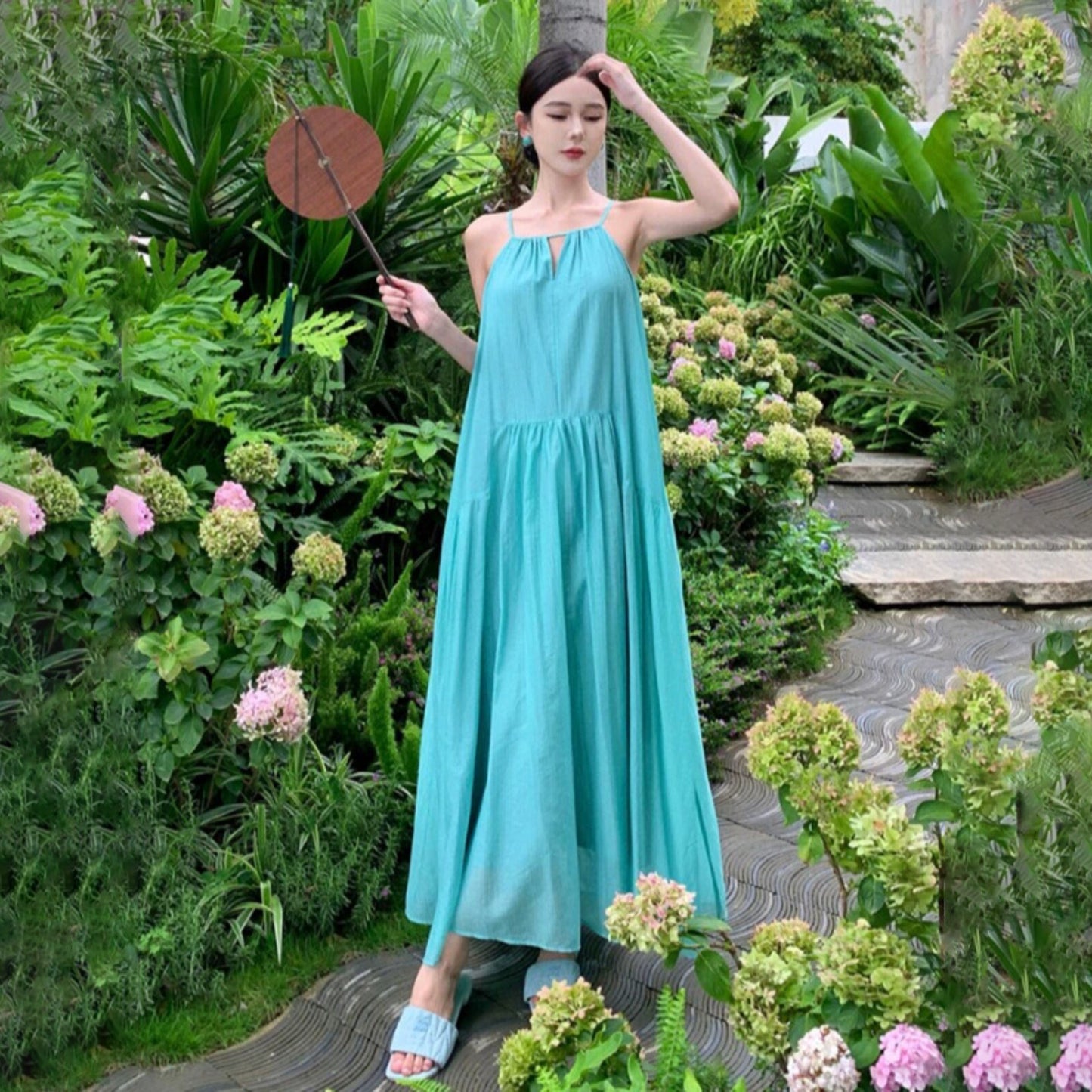 【ワンピース】体型カバー キャミワンピース レディース 夏 ゆったりシルエット 細見え ノースリーブ 海辺コーデ こなれ感 フェミニン ロングドレス【JZシリーズ】
