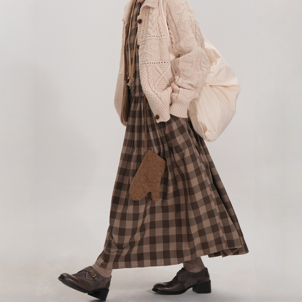 【ワンピース】春 秋 冬 チェック柄 ゆるリラックス ラウンドネック【JZシリーズ】