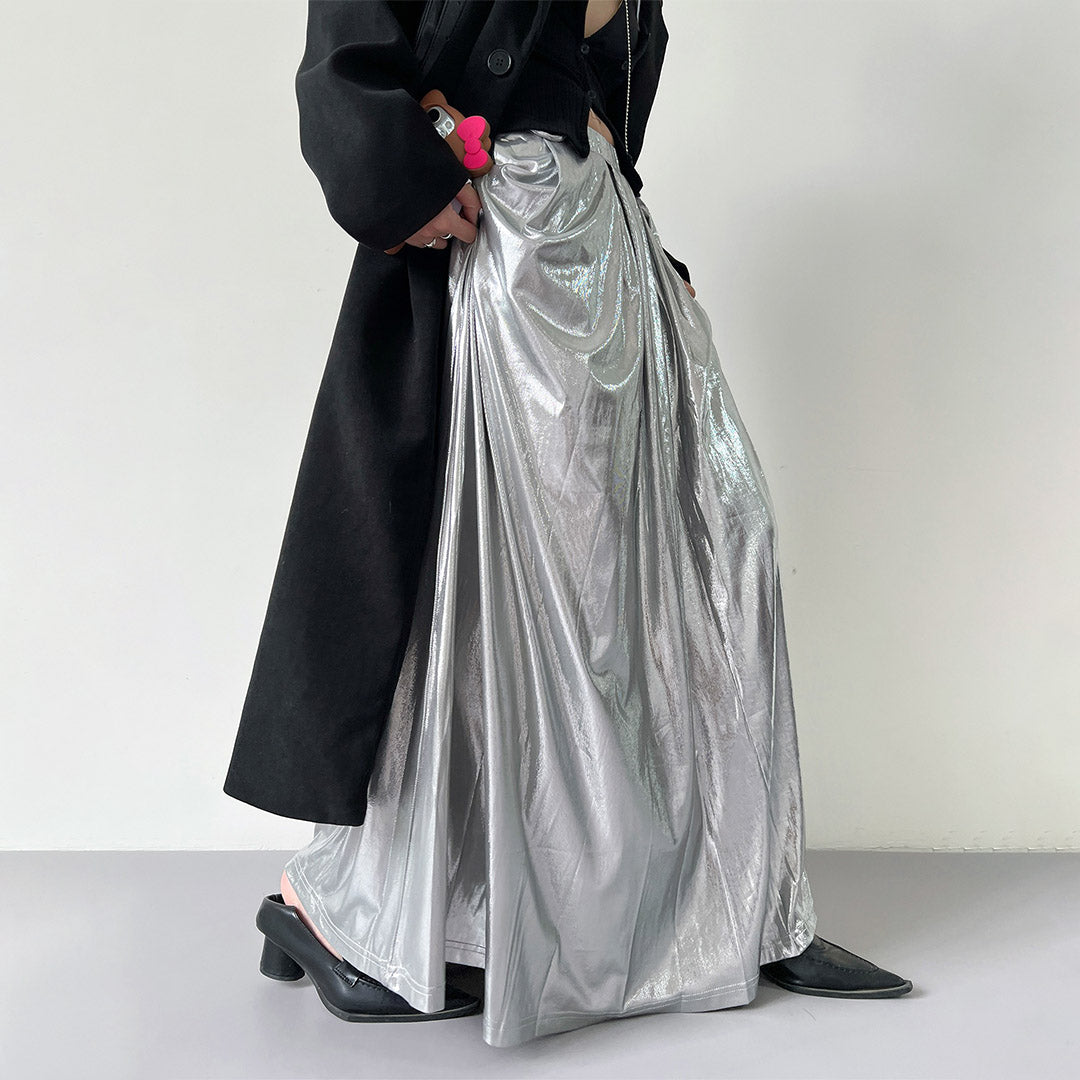 【ボトムス】雑誌に掲載された 着痩せ 春夏秋冬 シルバー スカート 【AHシリーズ】